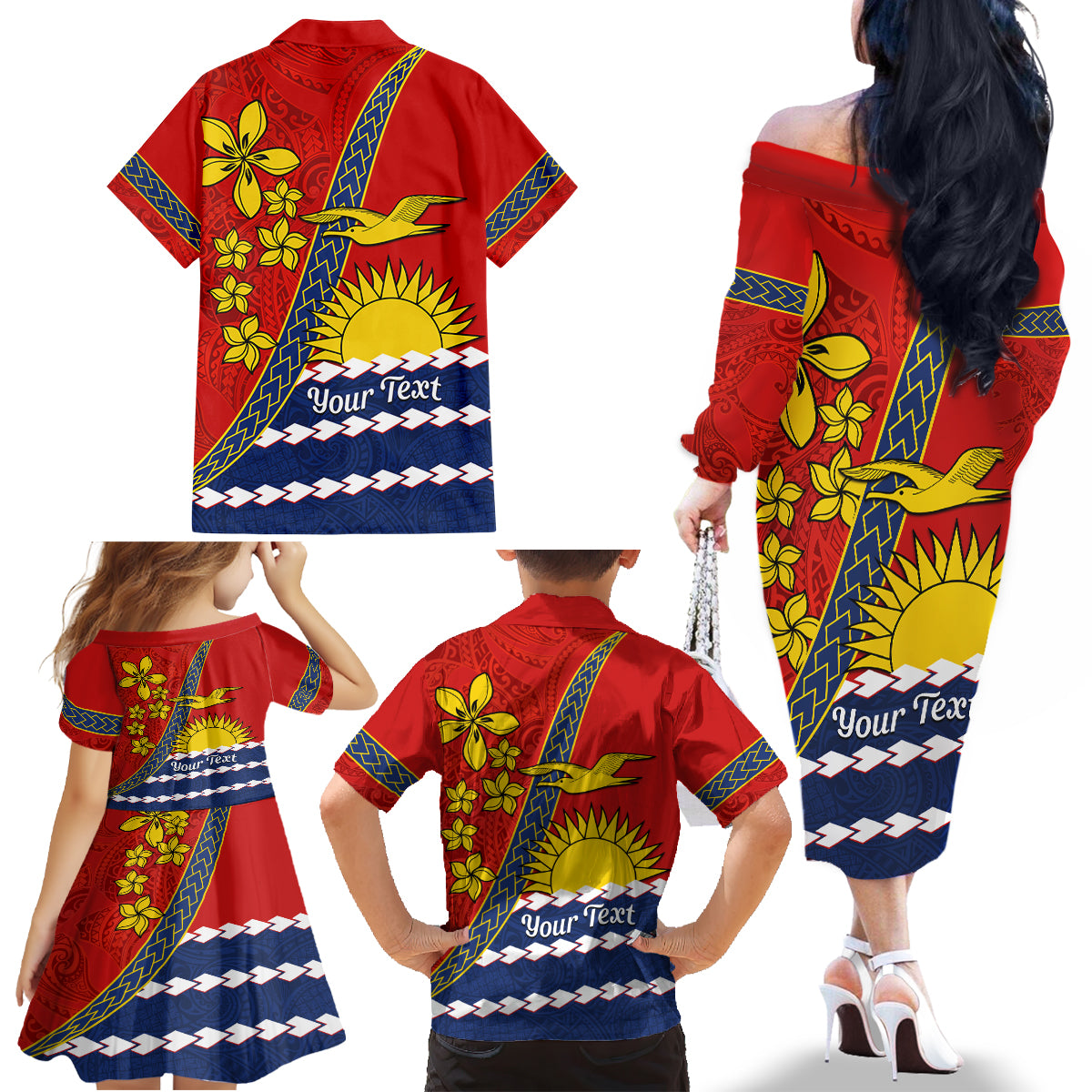 Personalised Mauri Kiribati Family Matching Off Shoulder Long Sleeve Dress and Hawaiian Shirt Polynesian Ribaberiki Flag Style Mix Plumeria LT14 - Polynesian Pride