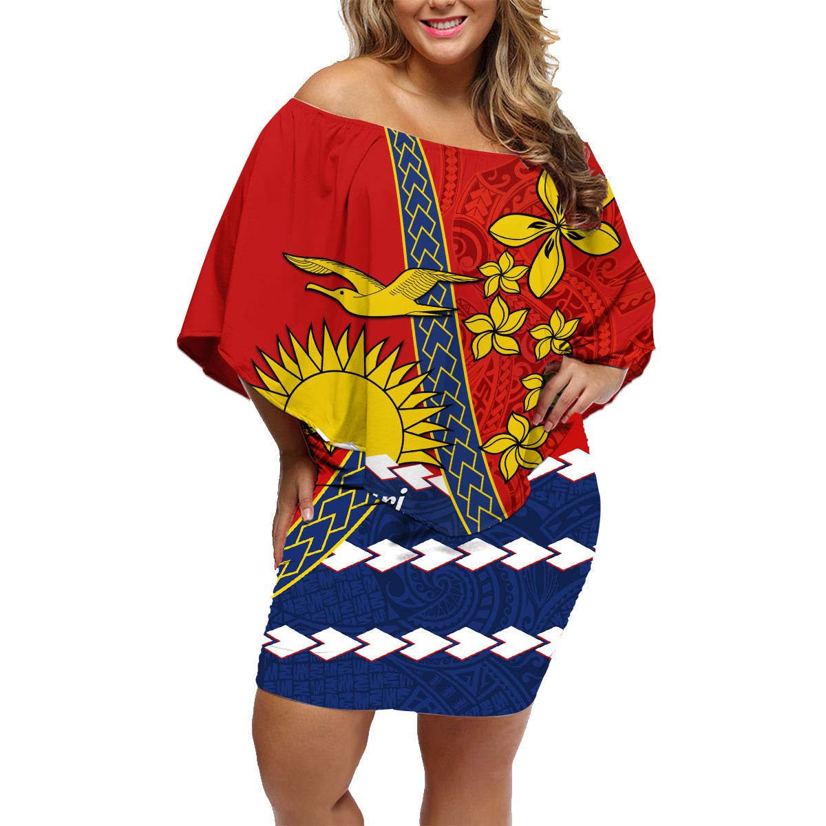 Personalised Mauri Kiribati Family Matching Off Shoulder Short Dress and Hawaiian Shirt Polynesian Ribaberiki Flag Style Mix Plumeria LT14 Mom's Dress Red - Polynesian Pride