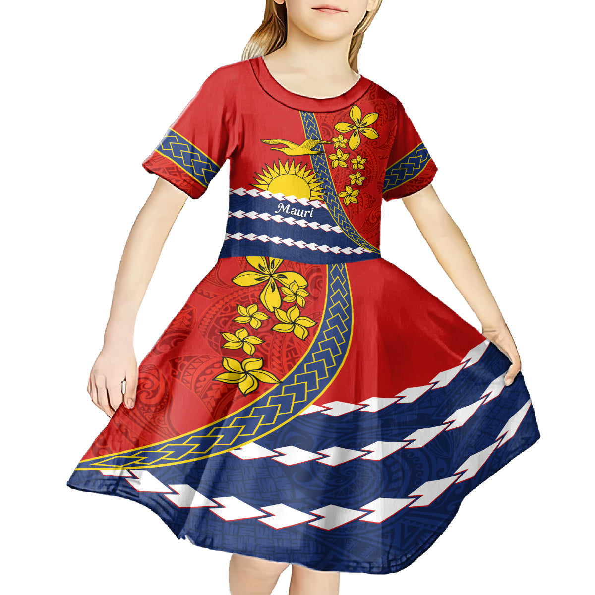 Personalised Mauri Kiribati Kid Short Sleeve Dress Polynesian Ribaberiki Flag Style Mix Plumeria LT14 - Polynesian Pride