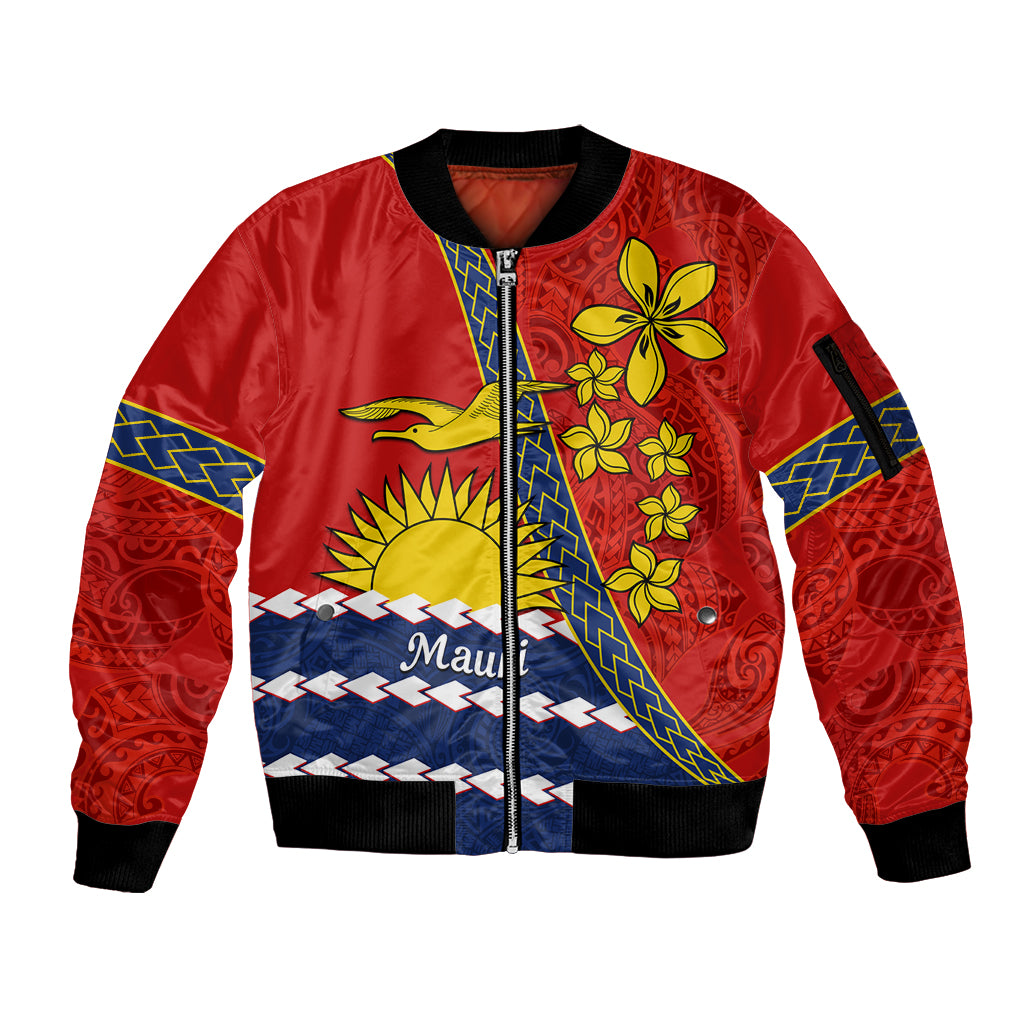 Personalised Mauri Kiribati Sleeve Zip Bomber Jacket Polynesian Ribaberiki Flag Style Mix Plumeria LT14 Unisex Red - Polynesian Pride