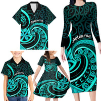 Turquoise New Zealand Mangopare Family Matching Long Sleeve Bodycon Dress and Hawaiian Shirt Aotearoa Maori Koru Style LT14 - Polynesian Pride