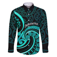 Turquoise New Zealand Mangopare Family Matching Long Sleeve Bodycon Dress and Hawaiian Shirt Aotearoa Maori Koru Style LT14 Dad's Shirt - Long Sleeve Turquoise - Polynesian Pride