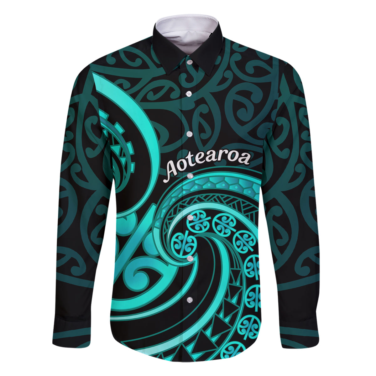 Turquoise New Zealand Mangopare Family Matching Mermaid Dress and Hawaiian Shirt Aotearoa Maori Koru Style LT14 Dad's Shirt - Long Sleeve Turquoise - Polynesian Pride