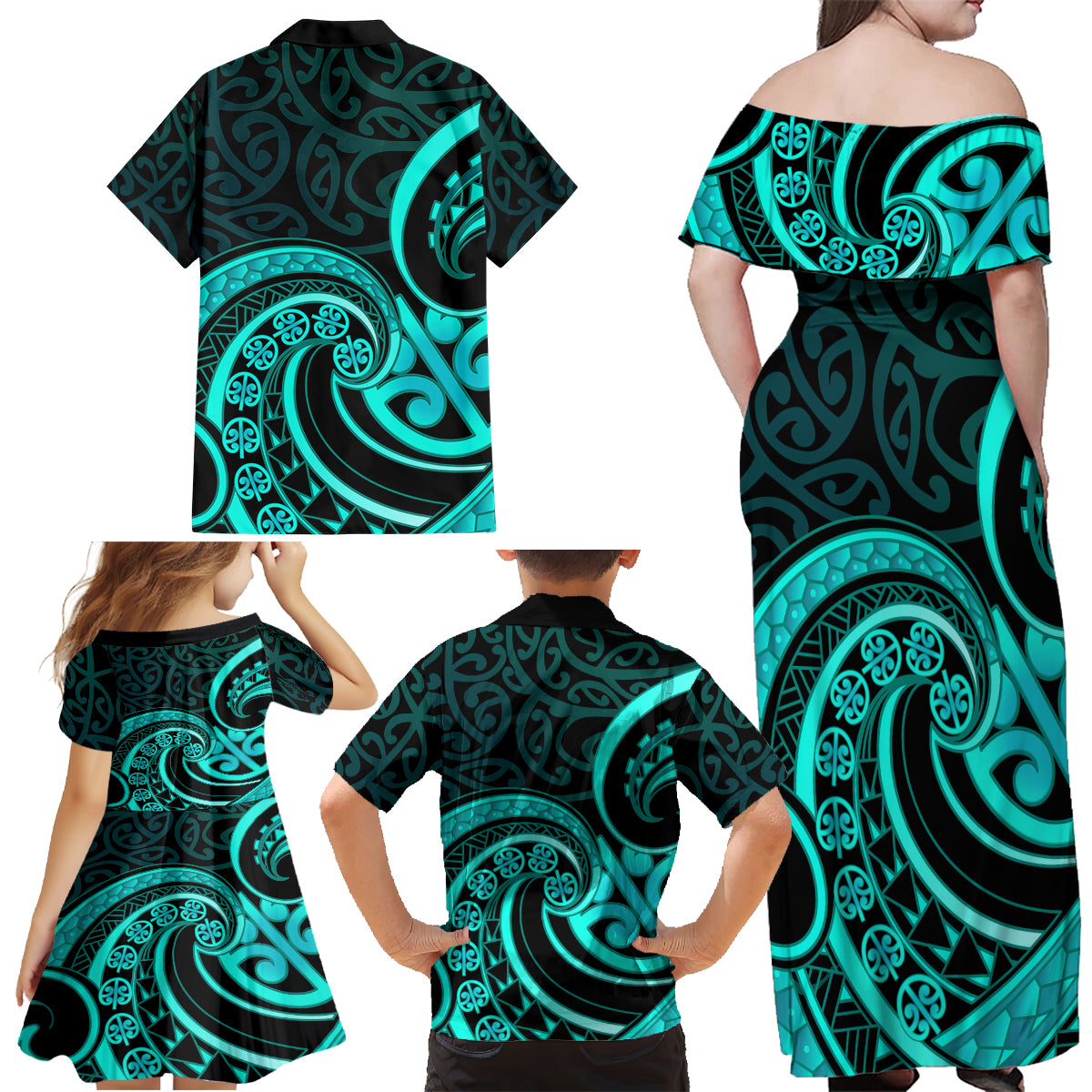 Turquoise New Zealand Mangopare Family Matching Off Shoulder Maxi Dress and Hawaiian Shirt Aotearoa Maori Koru Style LT14 - Polynesian Pride
