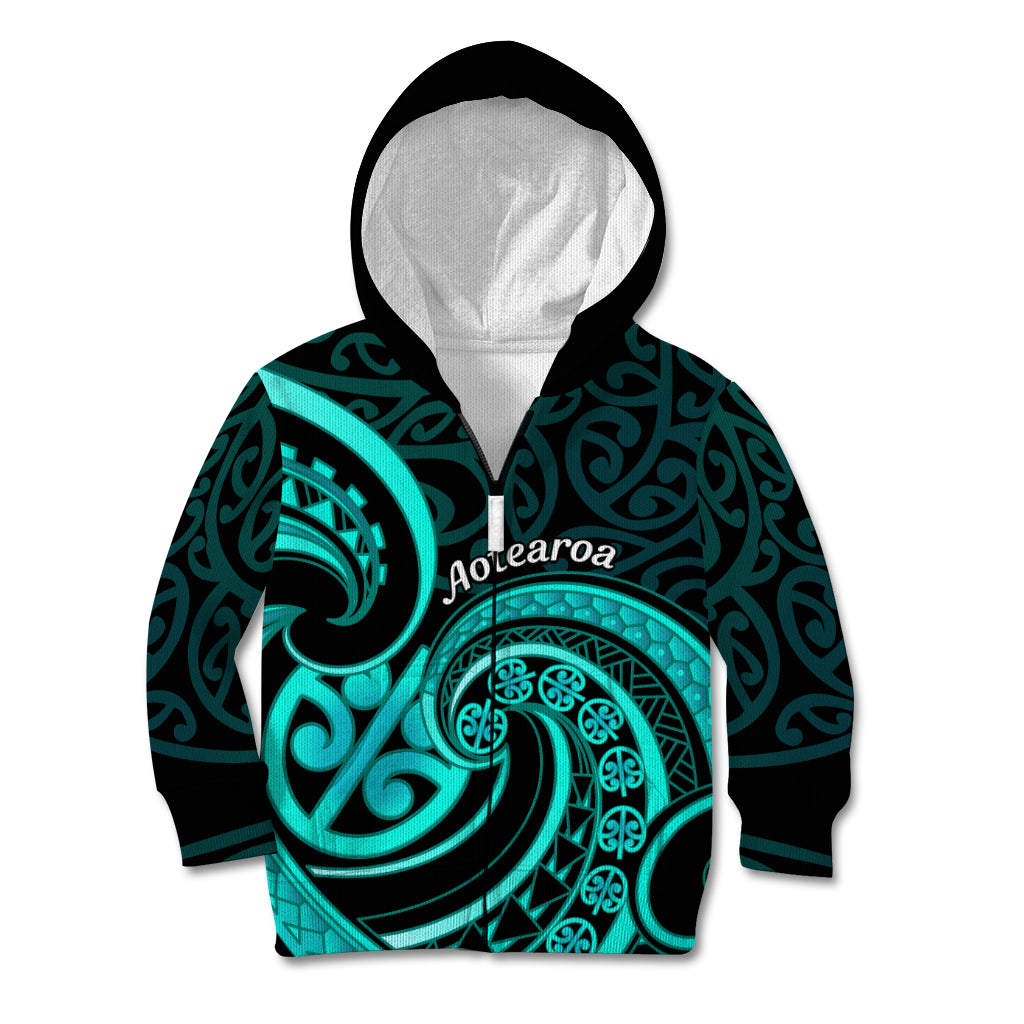 Turquoise New Zealand Mangopare Kid Hoodie Aotearoa Maori Koru Style LT14 Zip Hoodie Turquoise - Polynesian Pride