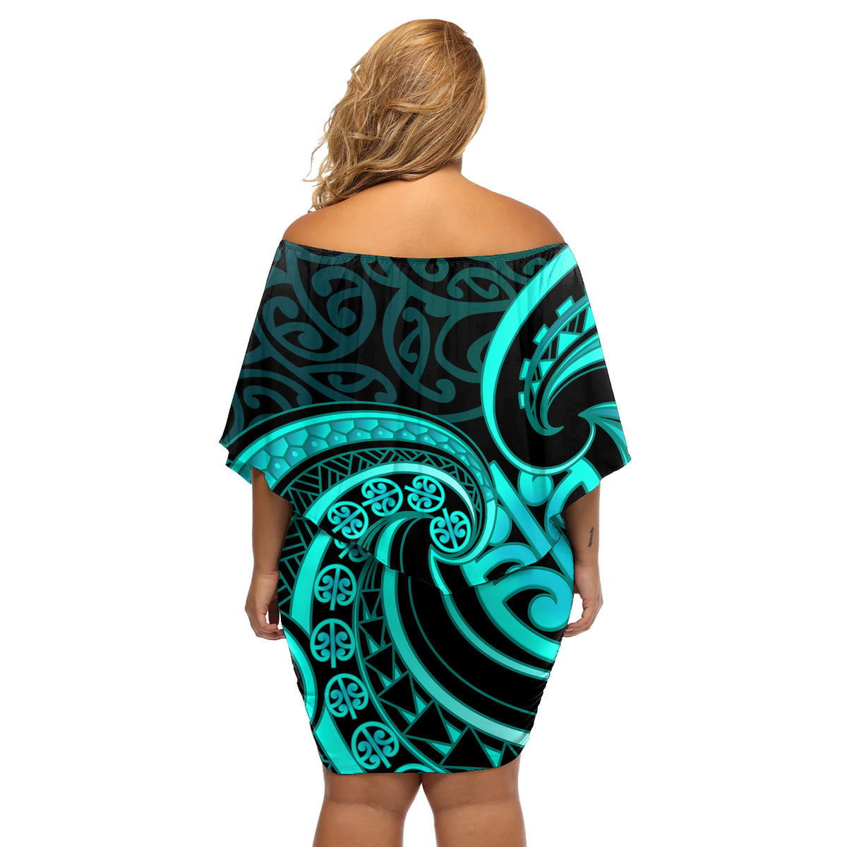 Turquoise New Zealand Mangopare Off Shoulder Short Dress Aotearoa Maori Koru Style LT14 - Polynesian Pride