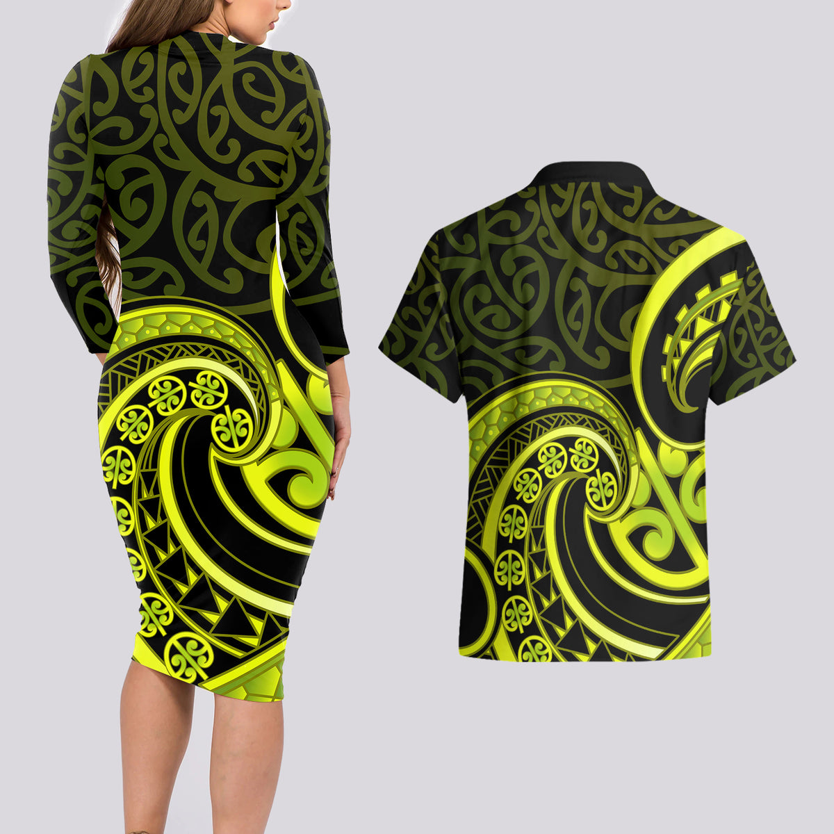 Lime Green New Zealand Mangopare Couples Matching Long Sleeve Bodycon Dress and Hawaiian Shirt Aotearoa Maori Koru Style LT14 - Polynesian Pride