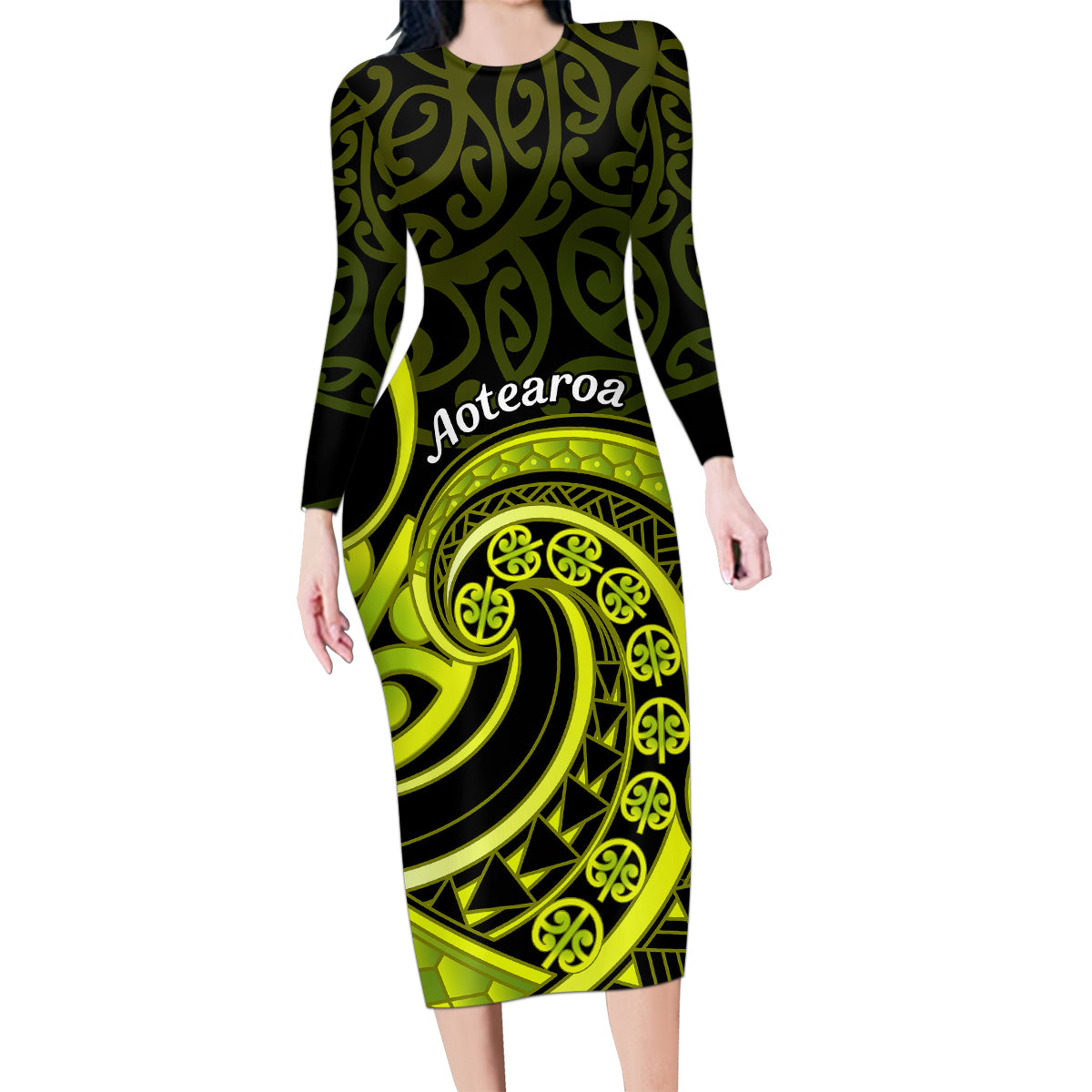 Lime Green New Zealand Mangopare Family Matching Long Sleeve Bodycon Dress and Hawaiian Shirt Aotearoa Maori Koru Style LT14 Mom's Dress Lime Green - Polynesian Pride