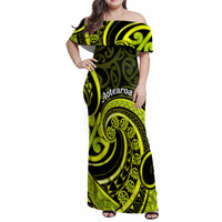 Lime Green New Zealand Mangopare Family Matching Off Shoulder Maxi Dress and Hawaiian Shirt Aotearoa Maori Koru Style LT14 Mom's Dress Lime Green - Polynesian Pride