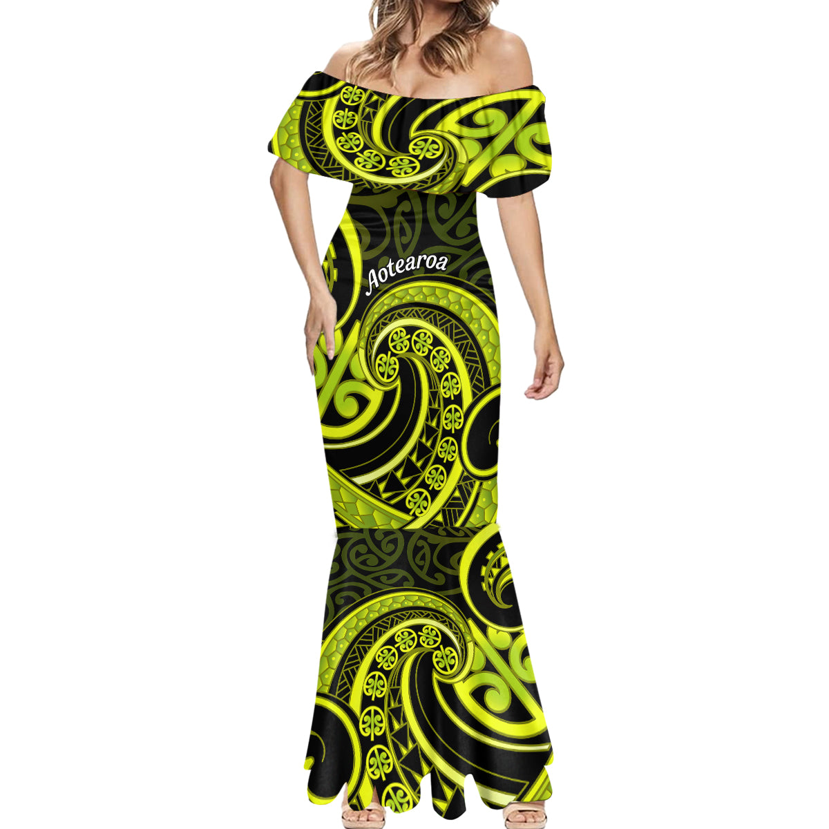 Lime Green New Zealand Mangopare Mermaid Dress Aotearoa Maori Koru Style LT14 - Polynesian Pride