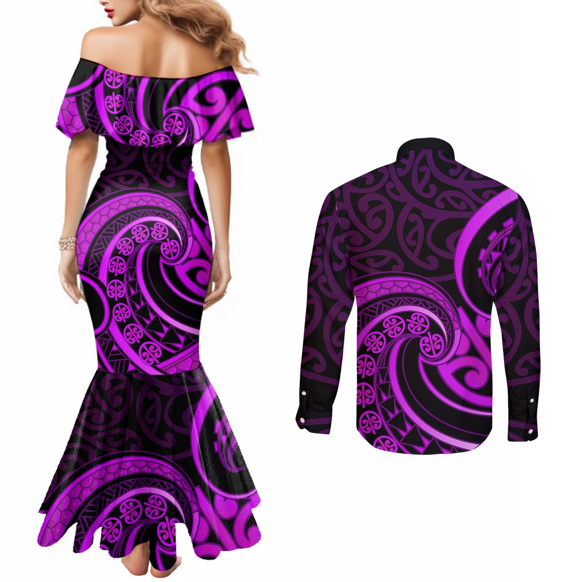 Purple Aotearoa Mangopare Couples Matching Mermaid Dress and Long Sleeve Button Shirt NZ Maori Koru Style LT14 - Polynesian Pride
