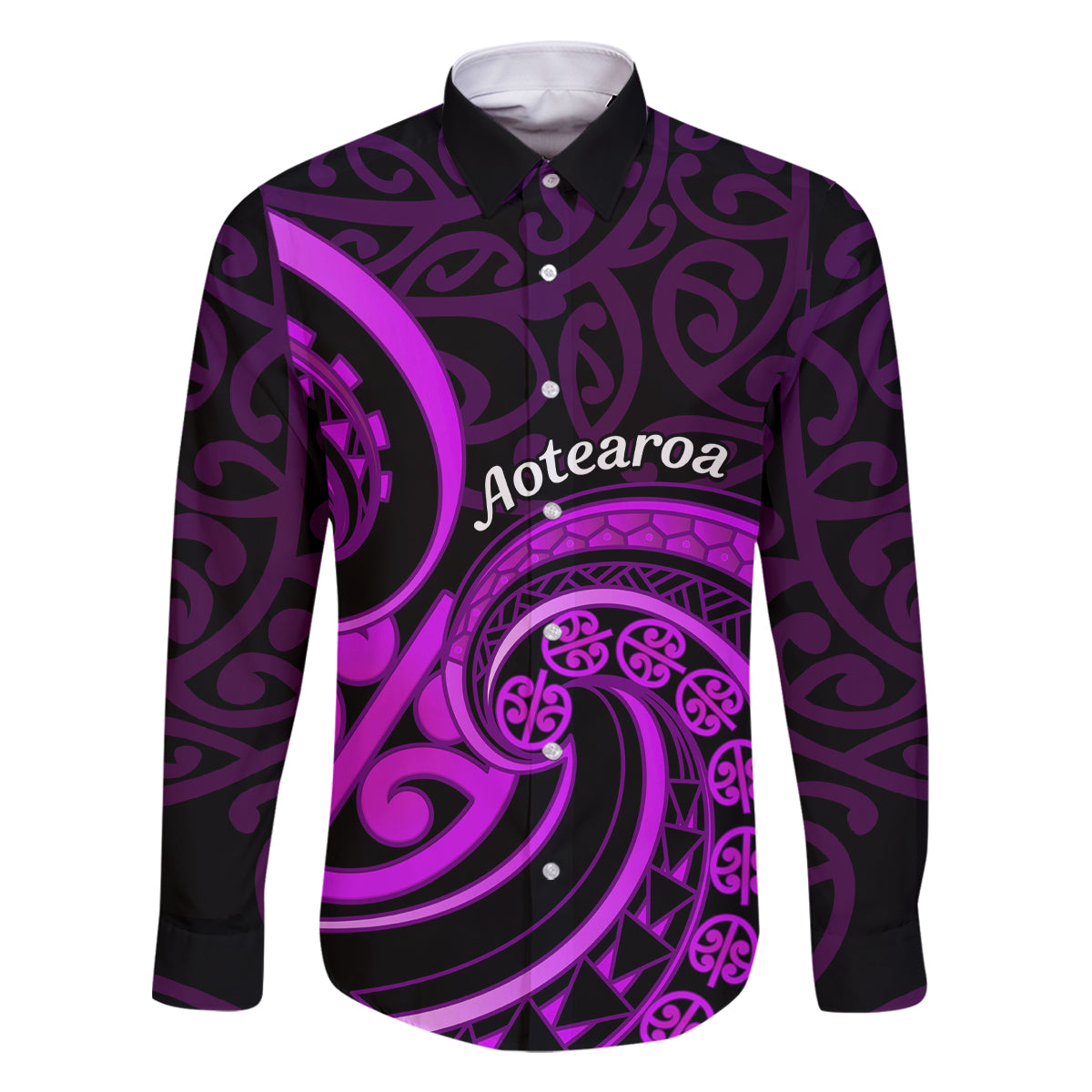 Purple Aotearoa Mangopare Family Matching Long Sleeve Bodycon Dress and Hawaiian Shirt NZ Maori Koru Style LT14 Dad's Shirt - Long Sleeve Purple - Polynesian Pride