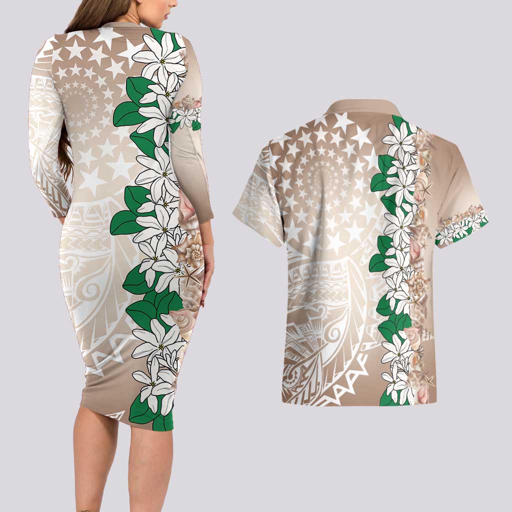Cook Islands Tiare Maori With Conch Shell Couples Matching Long Sleeve Bodycon Dress and Hawaiian Shirt 2025 Pasifika Polynesian Tattoo