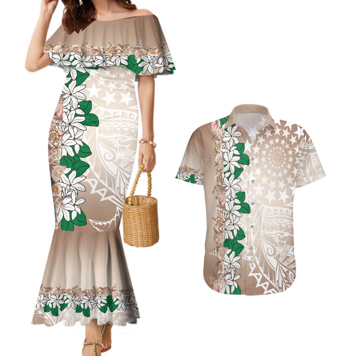 Cook Islands Tiare Maori With Conch Shell Couples Matching Mermaid Dress and Hawaiian Shirt 2025 Pasifika Polynesian Tattoo