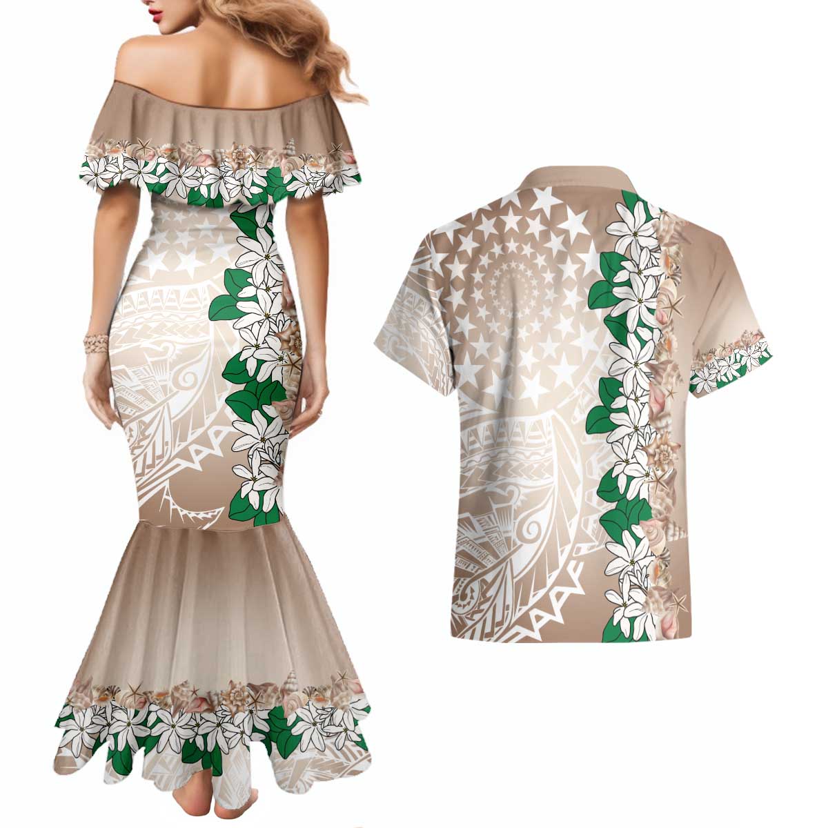 Cook Islands Tiare Maori With Conch Shell Couples Matching Mermaid Dress and Hawaiian Shirt 2025 Pasifika Polynesian Tattoo