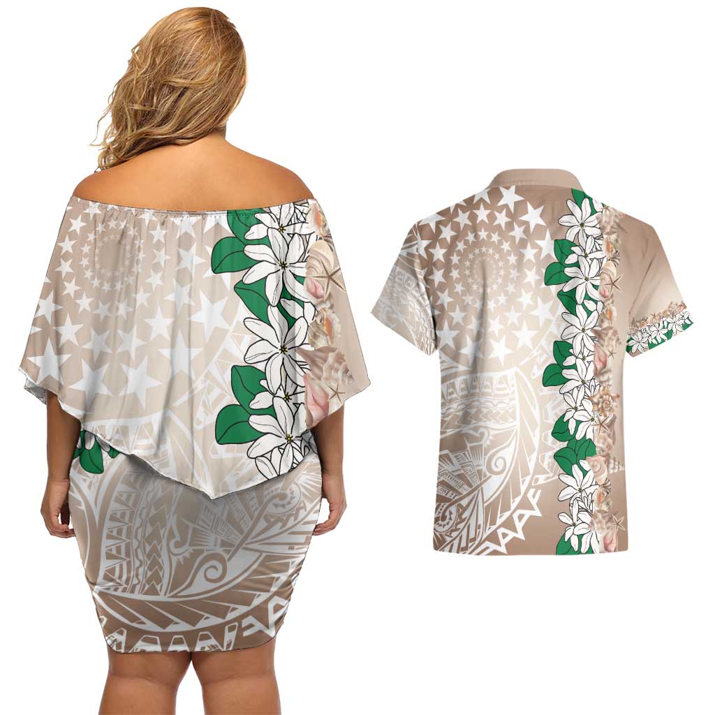 Cook Islands Tiare Maori With Conch Shell Couples Matching Off Shoulder Short Dress and Hawaiian Shirt 2025 Pasifika Polynesian Tattoo