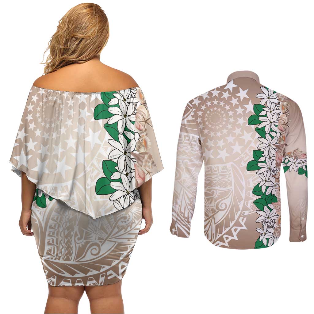 Cook Islands Tiare Maori With Conch Shell Couples Matching Off Shoulder Short Dress and Long Sleeve Button Shirt 2025 Pasifika Polynesian Tattoo