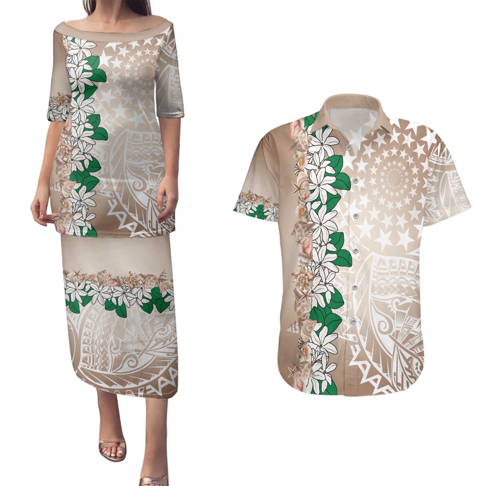Cook Islands Tiare Maori With Conch Shell Couples Matching Puletasi and Hawaiian Shirt 2025 Pasifika Polynesian Tattoo