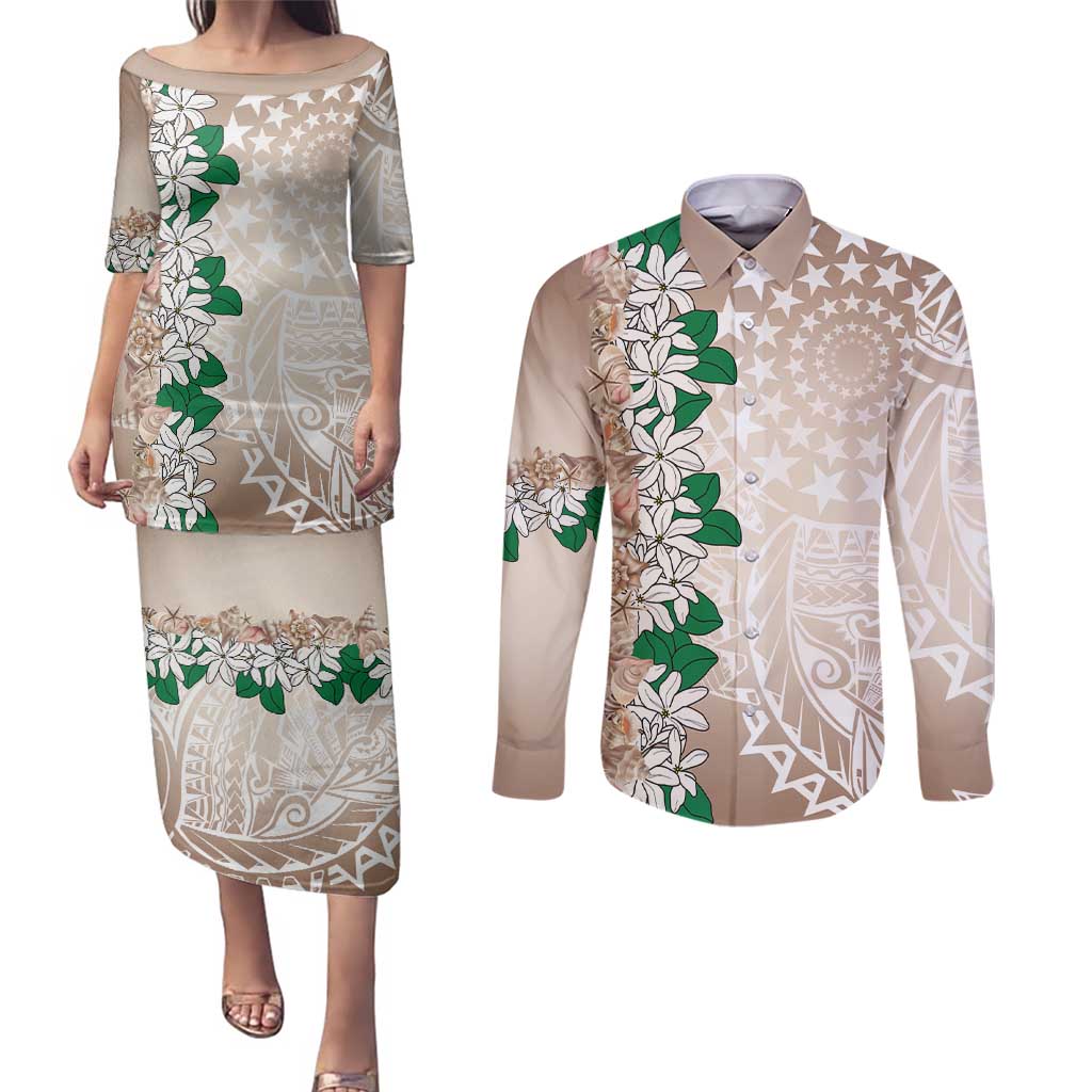 Cook Islands Tiare Maori With Conch Shell Couples Matching Puletasi and Long Sleeve Button Shirt 2025 Pasifika Polynesian Tattoo LT14 Brown - Polynesian Pride