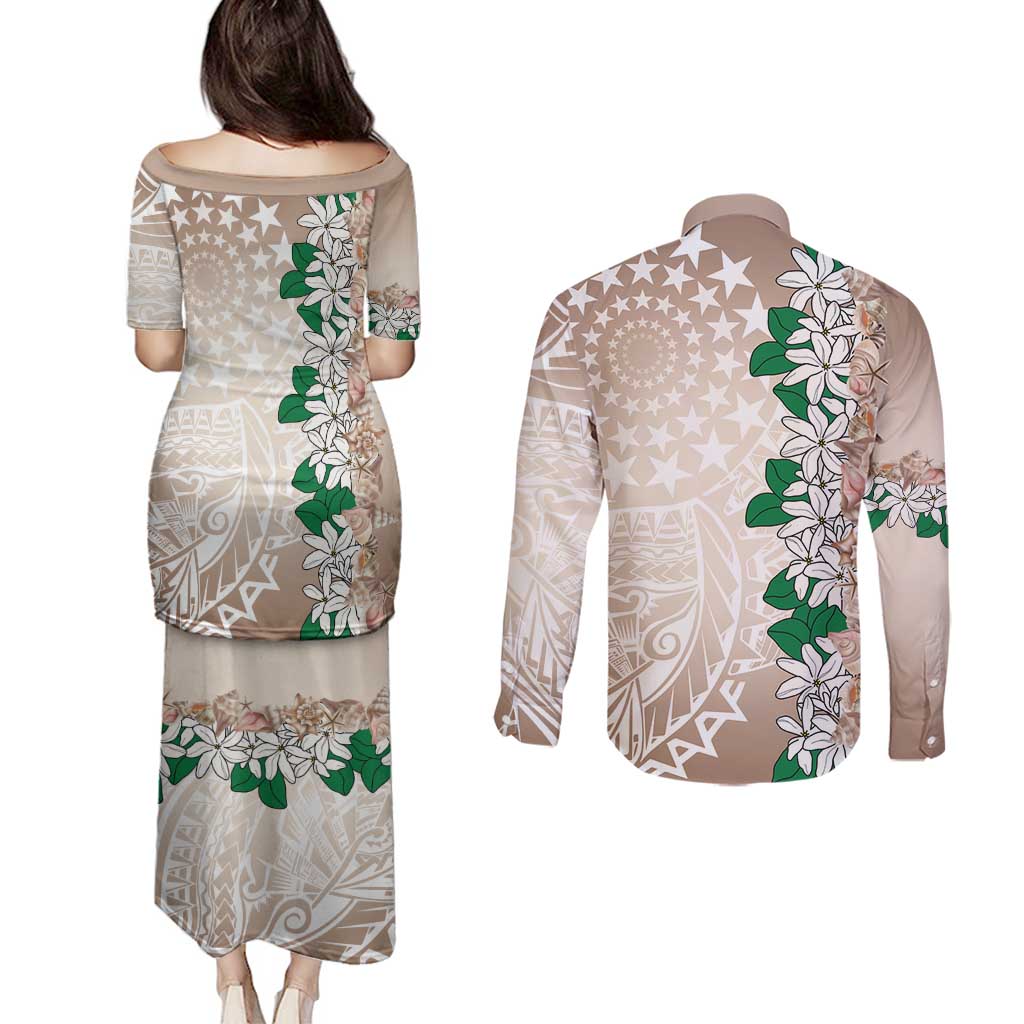 Cook Islands Tiare Maori With Conch Shell Couples Matching Puletasi and Long Sleeve Button Shirt 2025 Pasifika Polynesian Tattoo LT14 - Polynesian Pride