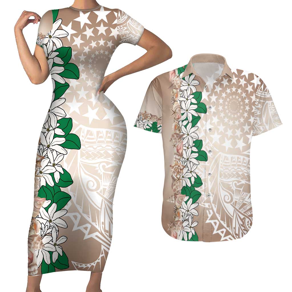 Cook Islands Tiare Maori With Conch Shell Couples Matching Short Sleeve Bodycon Dress and Hawaiian Shirt 2025 Pasifika Polynesian Tattoo