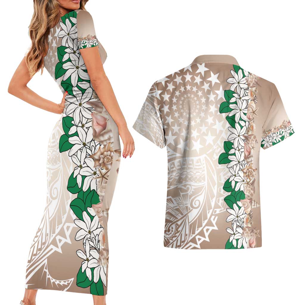 Cook Islands Tiare Maori With Conch Shell Couples Matching Short Sleeve Bodycon Dress and Hawaiian Shirt 2025 Pasifika Polynesian Tattoo