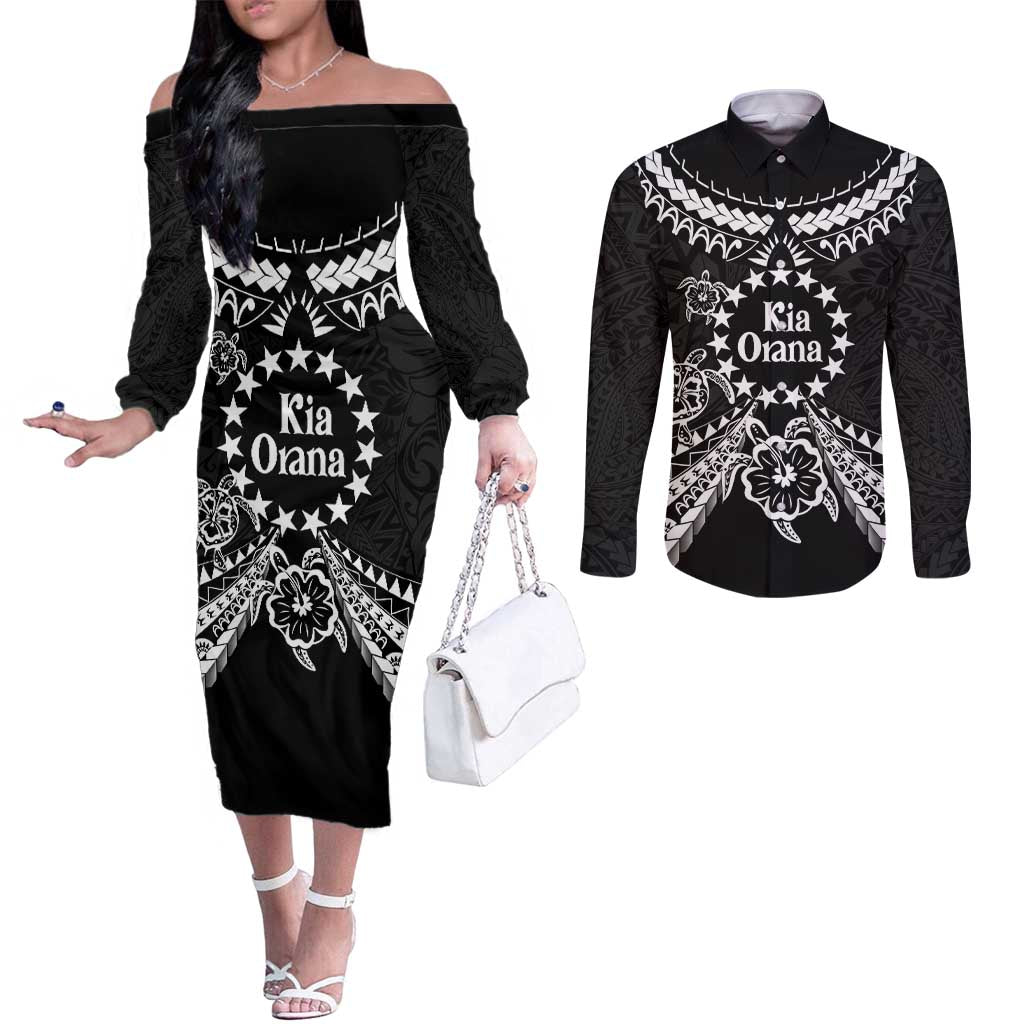 Kia Orana Cook Islands Couples Matching Off The Shoulder Long Sleeve Dress and Long Sleeve Button Shirt 2025 Pasifika Polynesian Turtle Black Color