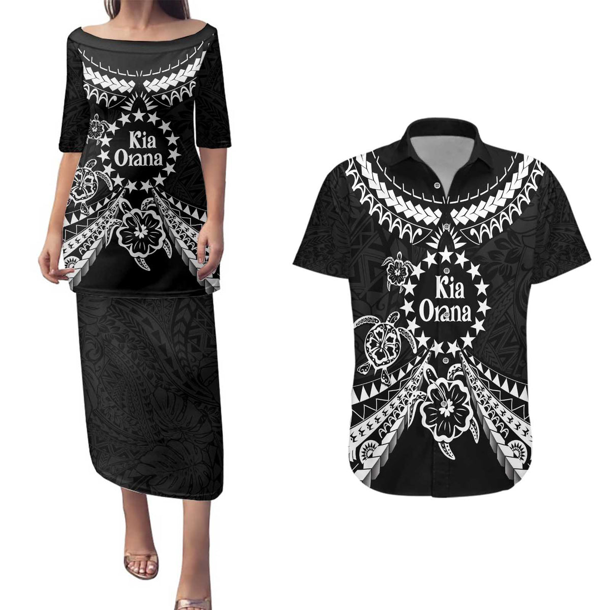 Kia Orana Cook Islands Couples Matching Puletasi and Hawaiian Shirt 2025 Pasifika Polynesian Turtle Black Color