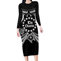 Kia Orana Cook Islands Long Sleeve Bodycon Dress 2025 Pasifika Polynesian Turtle Black Color