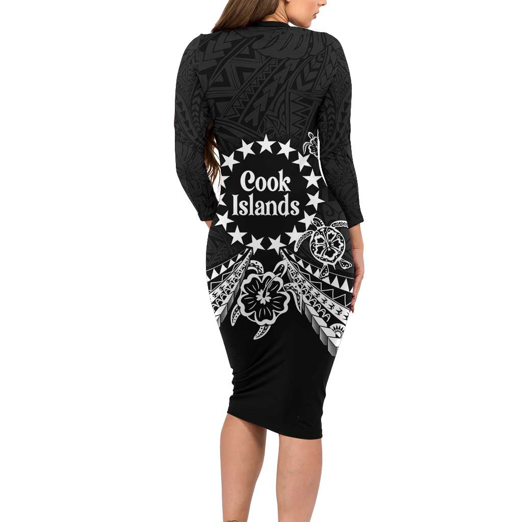 Kia Orana Cook Islands Long Sleeve Bodycon Dress 2025 Pasifika Polynesian Turtle Black Color