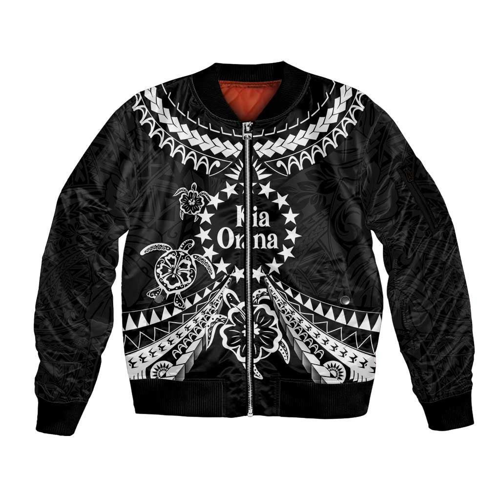 Kia Orana Cook Islands Sleeve Zip Bomber Jacket 2025 Pasifika Polynesian Turtle Black Color