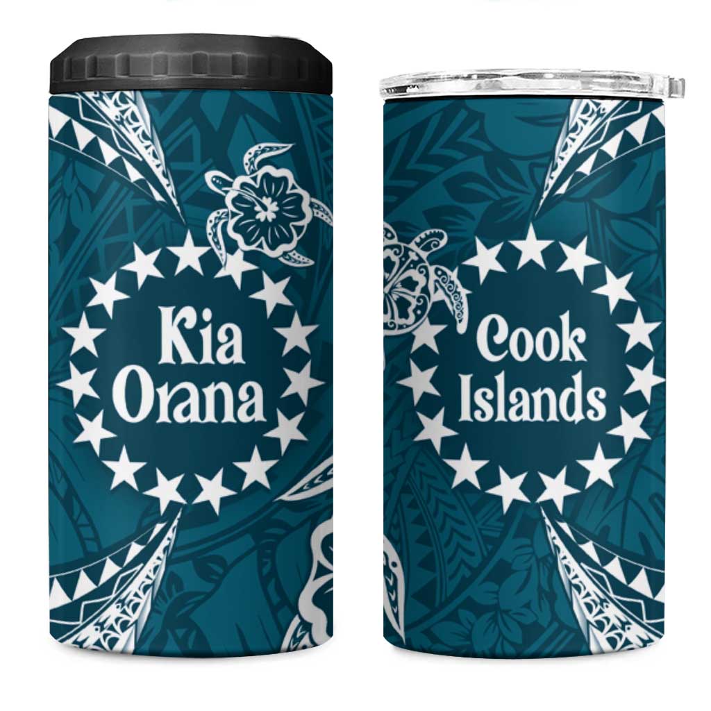 Kia Orana Cook Islands 4 in 1 Can Cooler Tumbler Polynesian Turtle Crowberry Blue Color