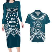 Kia Orana Cook Islands Couples Matching Long Sleeve Bodycon Dress and Hawaiian Shirt Polynesian Turtle Crowberry Blue Color