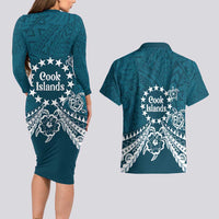 Kia Orana Cook Islands Couples Matching Long Sleeve Bodycon Dress and Hawaiian Shirt Polynesian Turtle Crowberry Blue Color