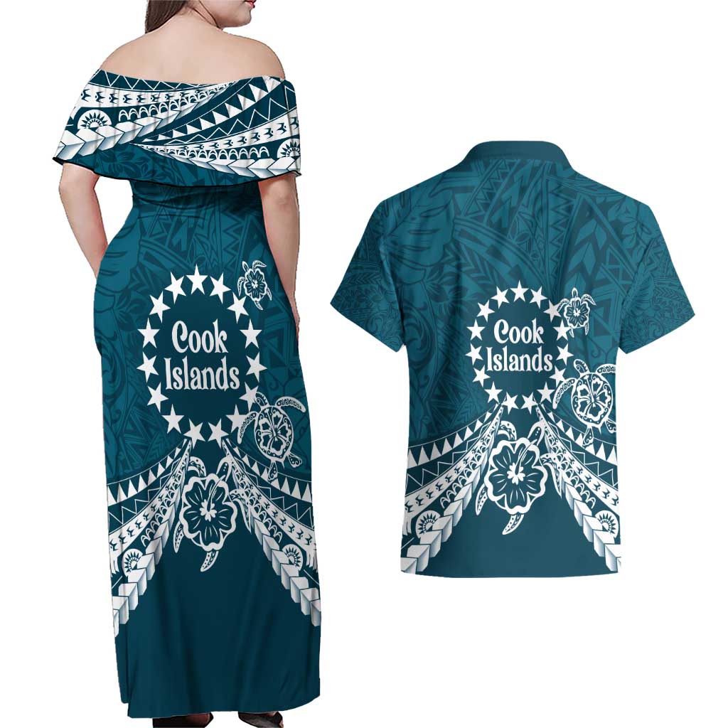 Kia Orana Cook Islands Couples Matching Off Shoulder Maxi Dress and Hawaiian Shirt Polynesian Turtle Crowberry Blue Color