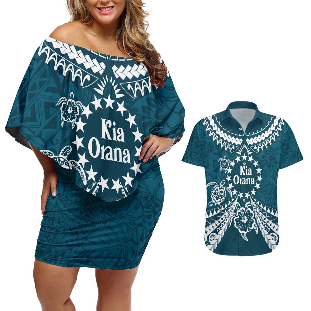 Kia Orana Cook Islands Couples Matching Off Shoulder Short Dress and Hawaiian Shirt Polynesian Turtle Crowberry Blue Color