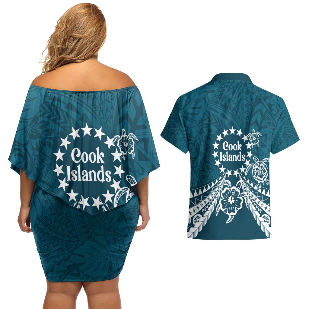 Kia Orana Cook Islands Couples Matching Off Shoulder Short Dress and Hawaiian Shirt Polynesian Turtle Crowberry Blue Color