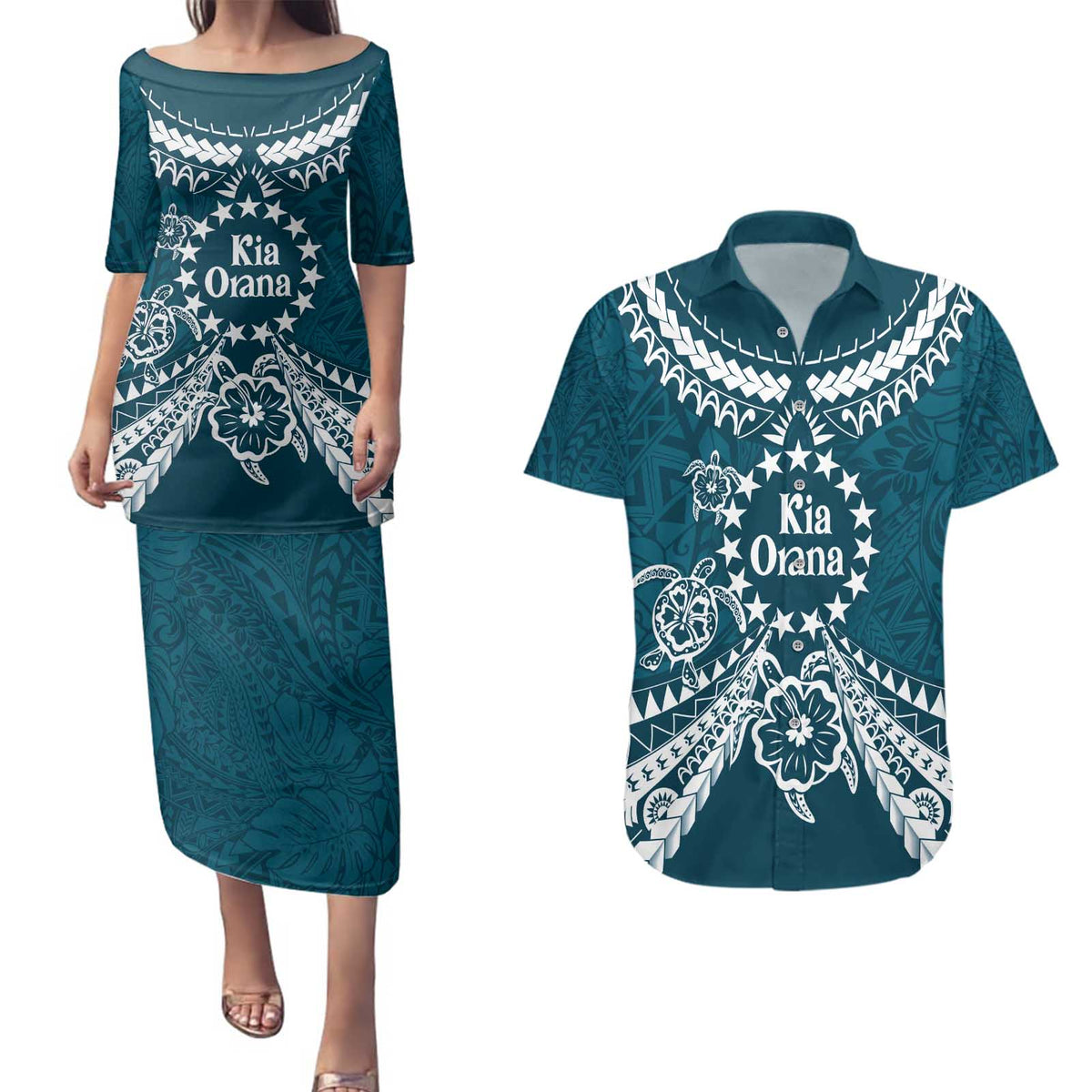 Kia Orana Cook Islands Couples Matching Puletasi and Hawaiian Shirt Polynesian Turtle Crowberry Blue Color