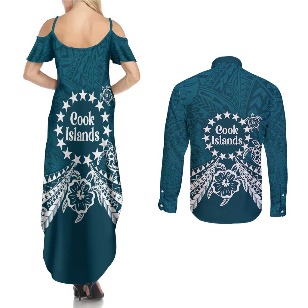 Kia Orana Cook Islands Couples Matching Summer Maxi Dress and Long Sleeve Button Shirt Polynesian Turtle Crowberry Blue Color