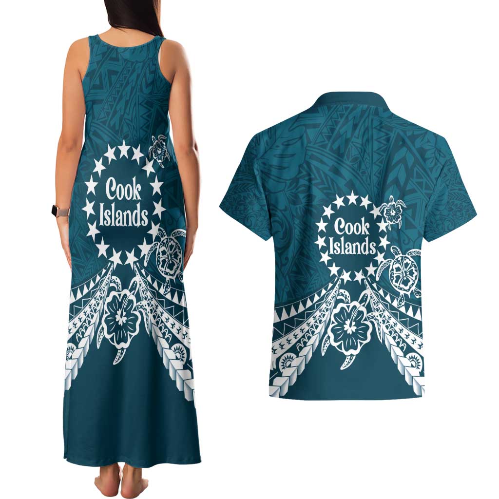 Kia Orana Cook Islands Couples Matching Tank Maxi Dress and Hawaiian Shirt Polynesian Turtle Crowberry Blue Color