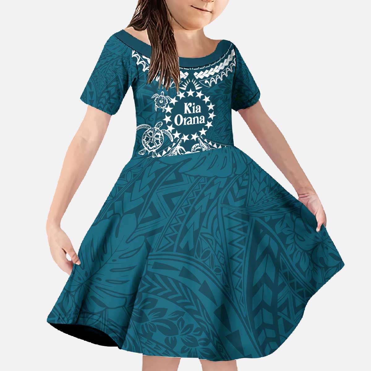 Kia Orana Cook Islands Family Matching Off The Shoulder Long Sleeve Dress and Hawaiian Shirt Polynesian Turtle Crowberry Blue Color