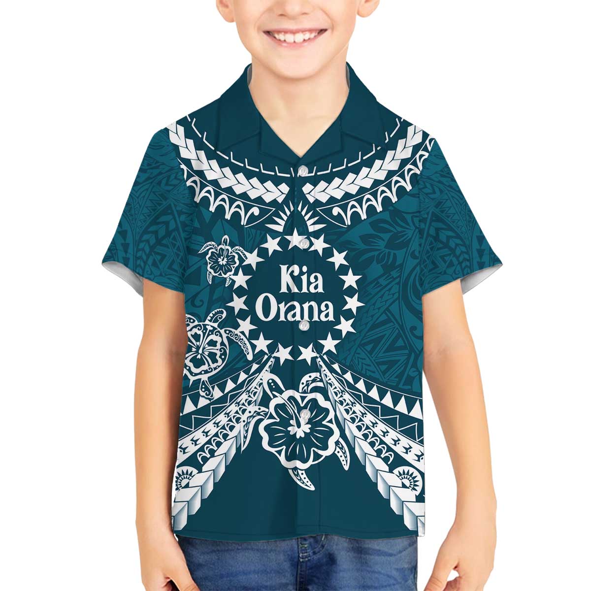 Kia Orana Cook Islands Family Matching Off The Shoulder Long Sleeve Dress and Hawaiian Shirt Polynesian Turtle Crowberry Blue Color