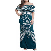 Kia Orana Cook Islands Family Matching Off Shoulder Maxi Dress and Hawaiian Shirt Polynesian Turtle Crowberry Blue Color