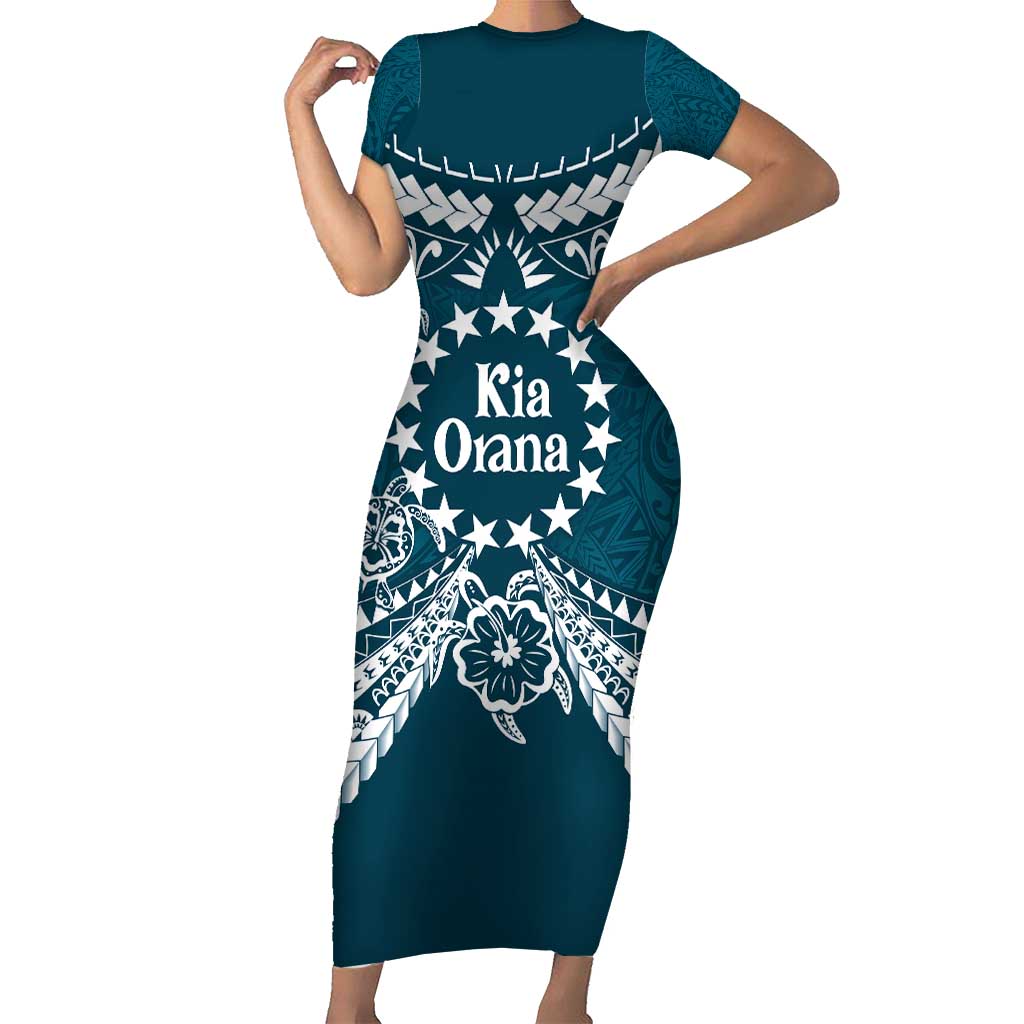 Kia Orana Cook Islands Family Matching Short Sleeve Bodycon Dress and Hawaiian Shirt Polynesian Turtle Crowberry Blue Color