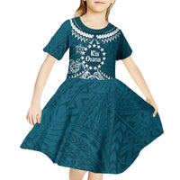 Kia Orana Cook Islands Kid Short Sleeve Dress Polynesian Turtle Crowberry Blue Color