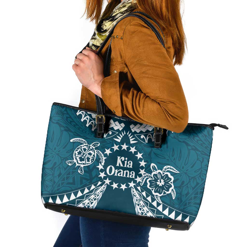 Kia Orana Cook Islands Leather Tote Bag Polynesian Turtle Crowberry Blue Color