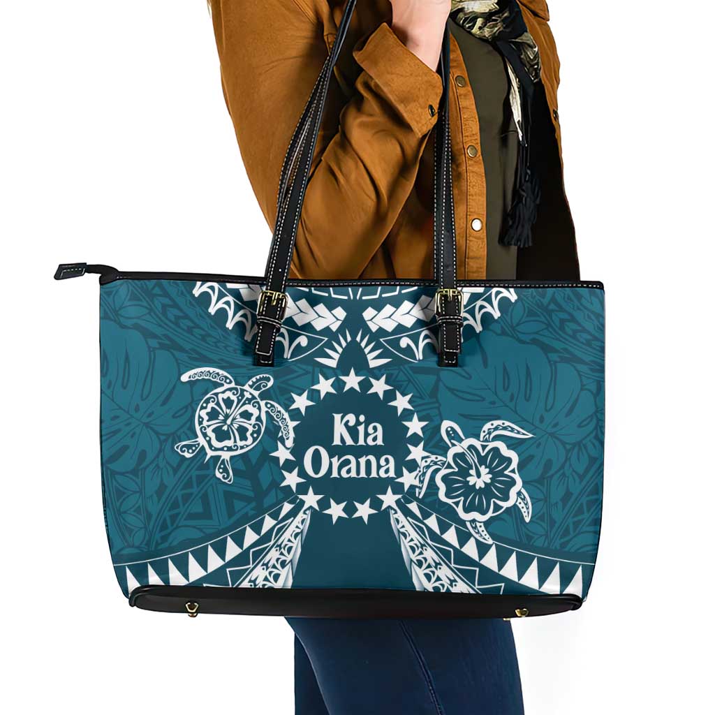 Kia Orana Cook Islands Leather Tote Bag Polynesian Turtle Crowberry Blue Color
