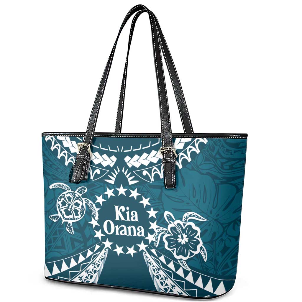 Kia Orana Cook Islands Leather Tote Bag Polynesian Turtle Crowberry Blue Color