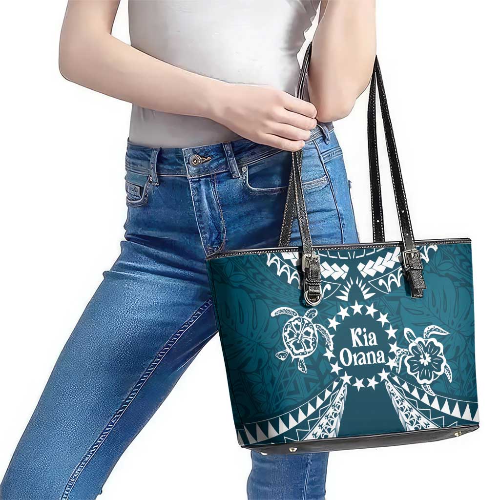 Kia Orana Cook Islands Leather Tote Bag Polynesian Turtle Crowberry Blue Color