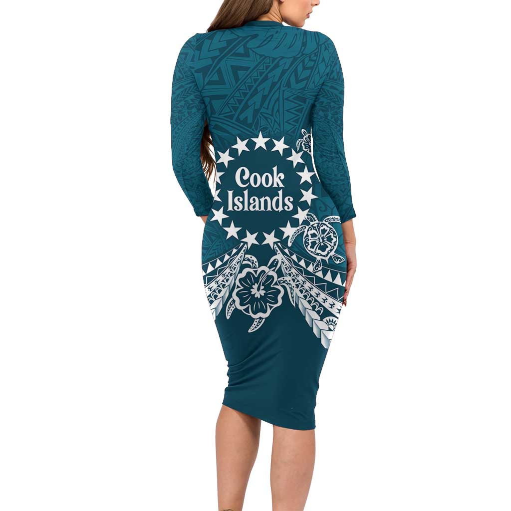Kia Orana Cook Islands Long Sleeve Bodycon Dress Polynesian Turtle Crowberry Blue Color